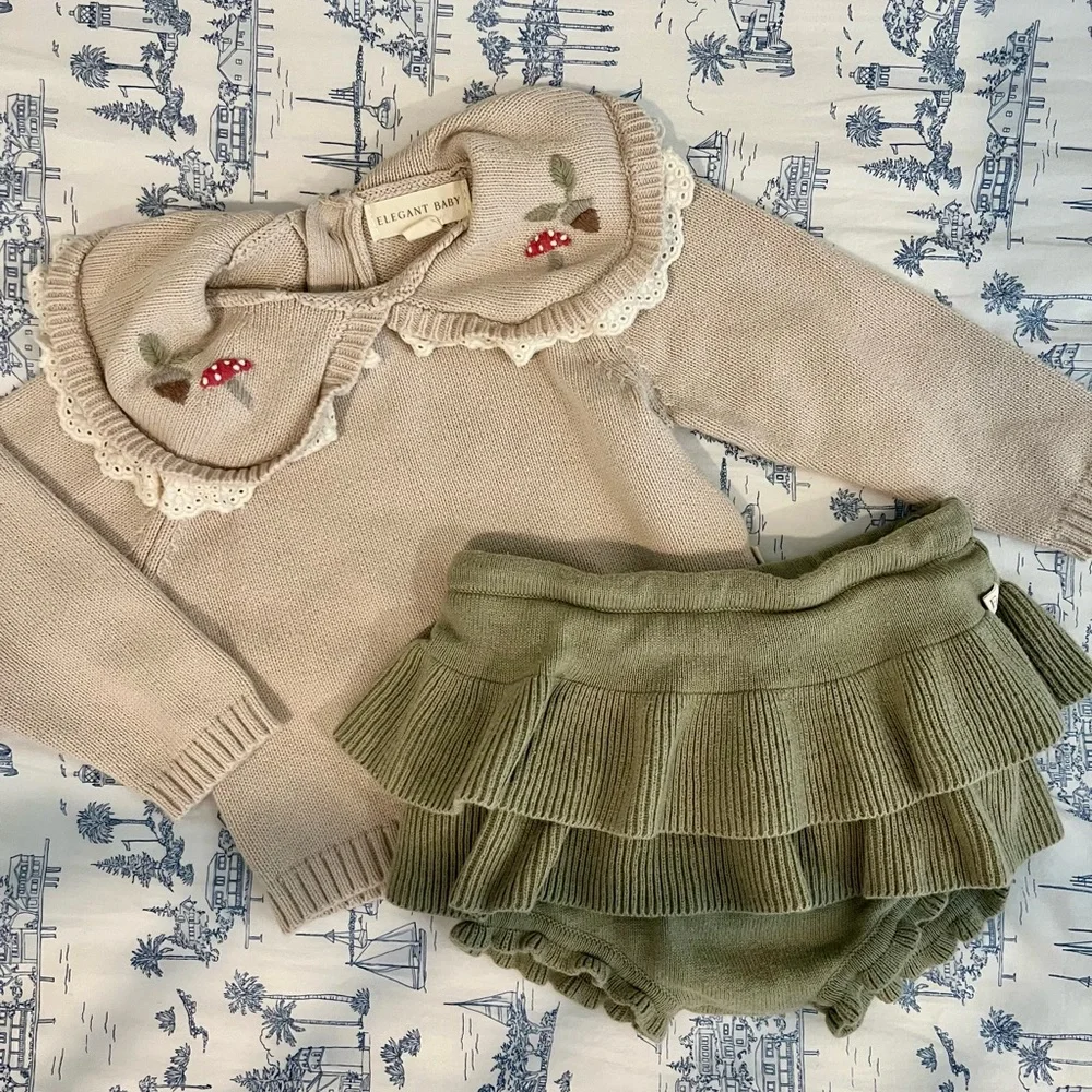 Elegant Baby Mushroom Embroidered Collar Sweater + Skirt Set